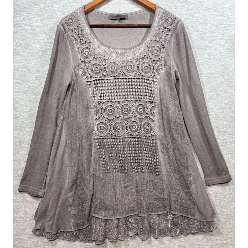 Pretty Angel Gray Tunic Top With Crochet Lace Button Back Boho S Linen